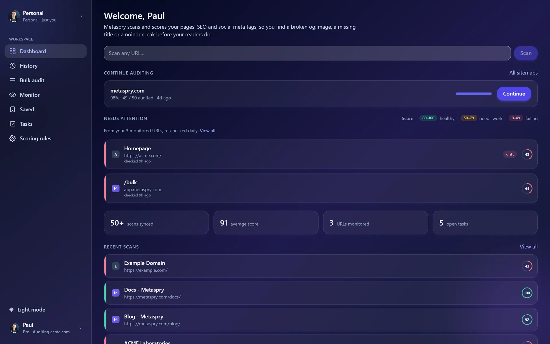 Metaspry web app dashboard with the Scan box, a sitemap run to continue and monitored pages that need attention