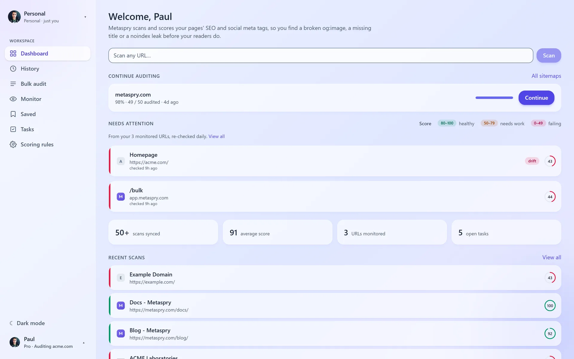 Metaspry web app dashboard with the Scan box, a sitemap run to continue and monitored pages that need attention