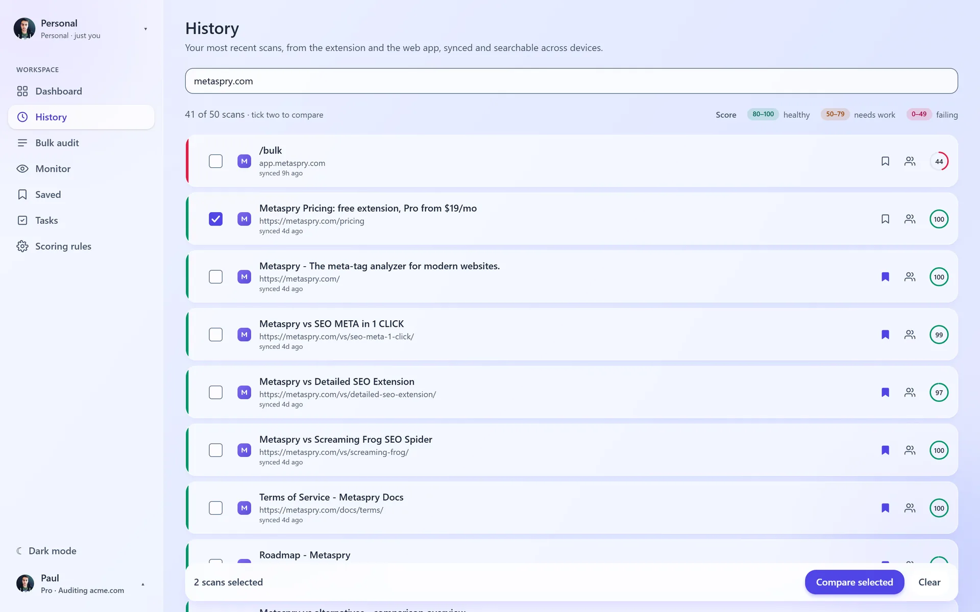 Metaspry web app History filtered to metaspry.com with two scans selected and the Compare selected bar