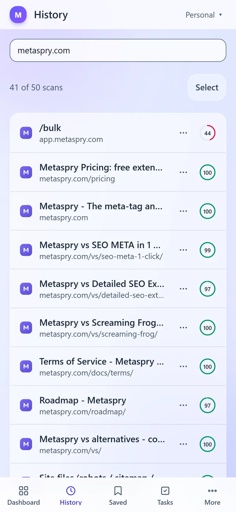 Web app History on a phone: one-line rows with scores and the bottom tab bar