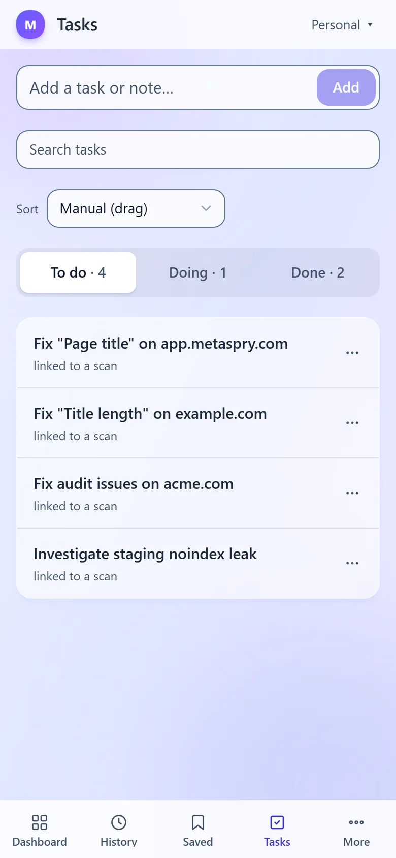 Web app Tasks on a phone with the To do, Doing and Done switch and four tasks