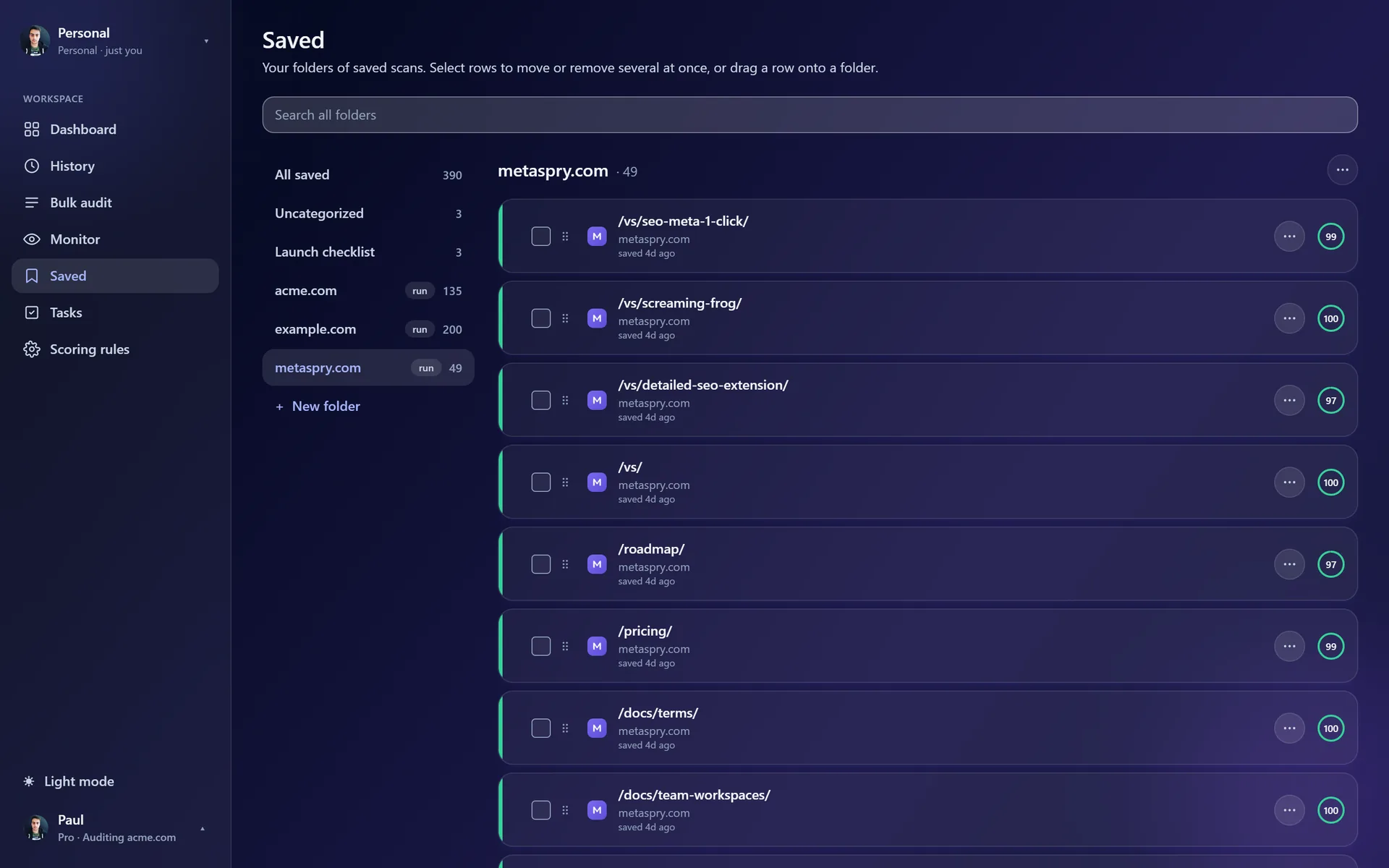 Web app Saved page: search bar, folder rail on the left and the rows of a metaspry.com bulk-run folder with scores