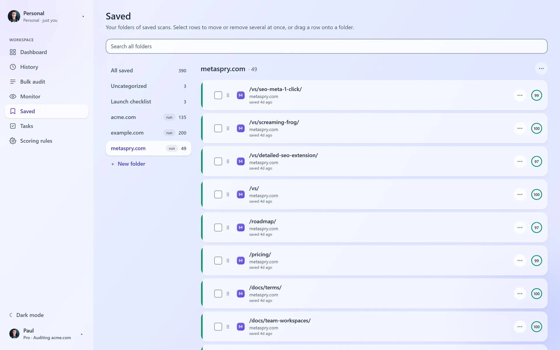 Web app Saved page: search bar, folder rail on the left and the rows of a metaspry.com bulk-run folder with scores