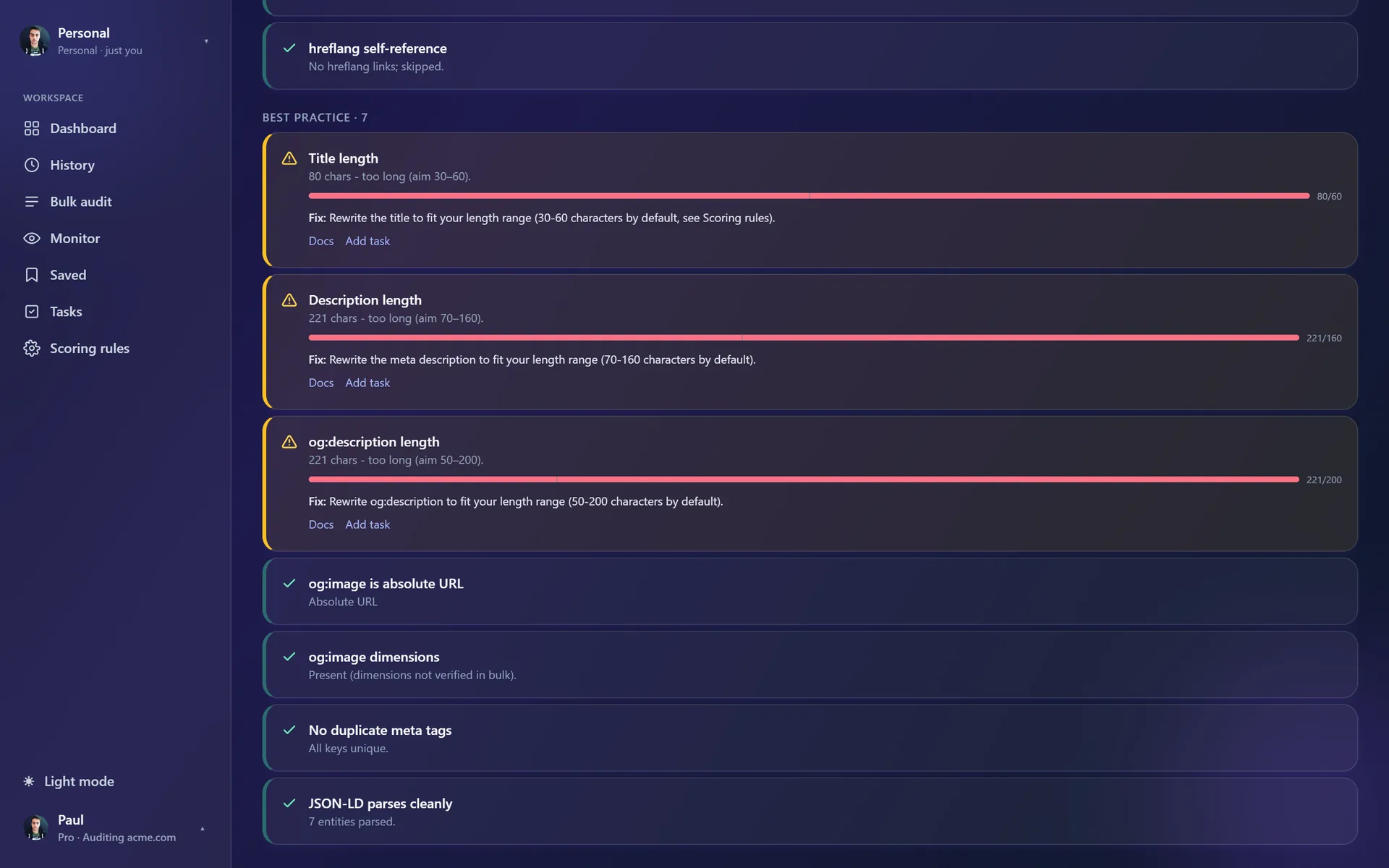 Metaspry web app scan page listing title and description length warnings, each with Fix text, Docs and Add task