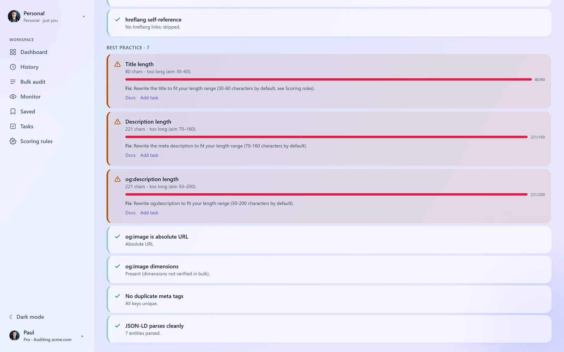 Metaspry web app scan page listing title and description length warnings, each with Fix text, Docs and Add task