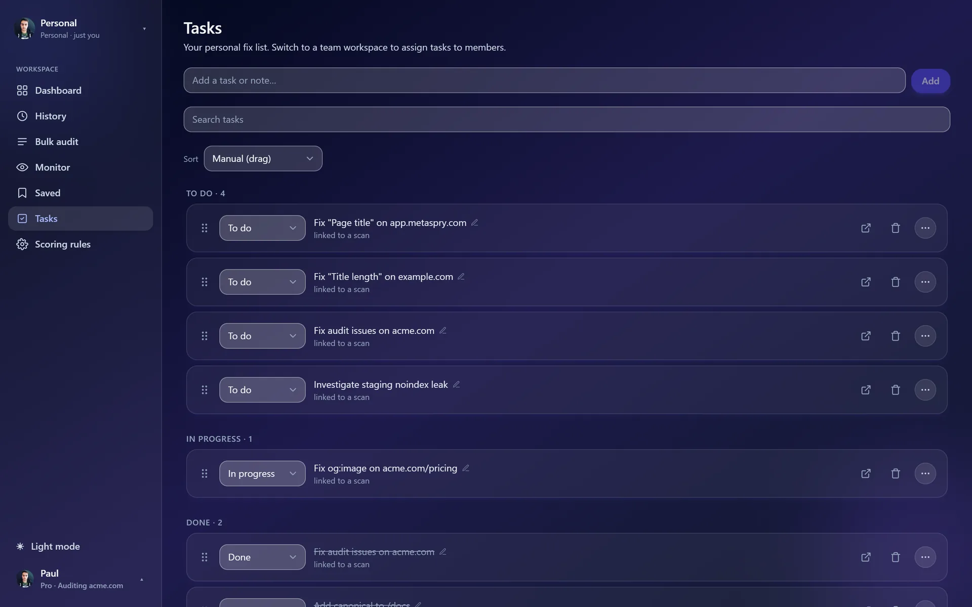 Web app Tasks: an Add field, search, sort, and To do, In progress and Done lists of fix tasks linked to scans