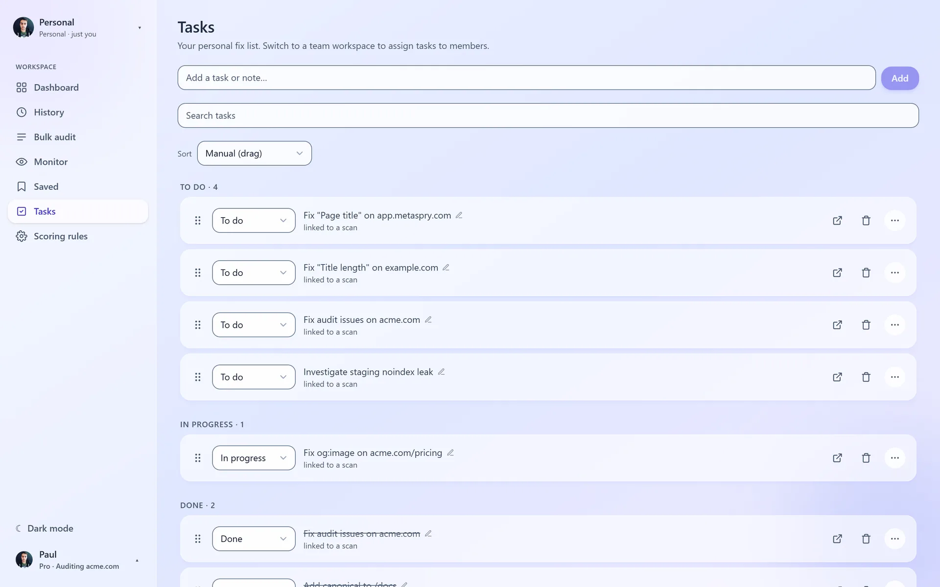 Web app Tasks: an Add field, search, sort, and To do, In progress and Done lists of fix tasks linked to scans