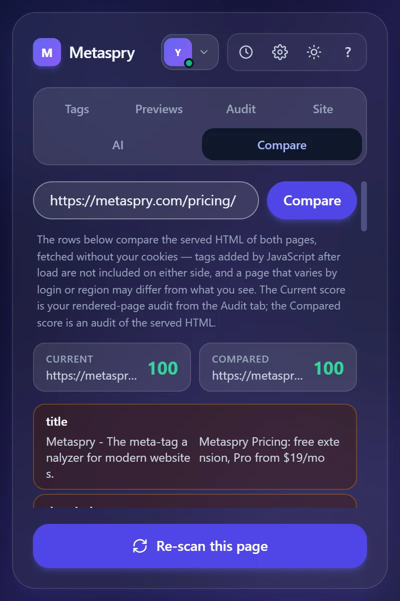 Metaspry extension Compare tab comparing metaspry.com with metaspry.com/pricing
