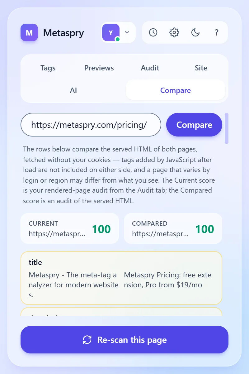 Metaspry extension Compare tab comparing metaspry.com with metaspry.com/pricing