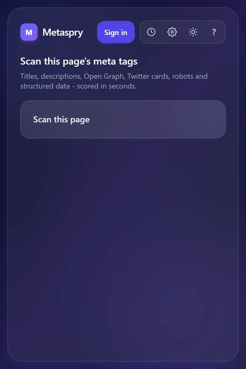 Metaspry extension start screen with the Scan this page button