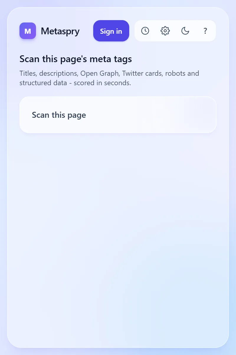 Metaspry extension start screen with the Scan this page button
