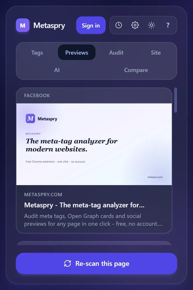 Metaspry extension Previews tab showing the Facebook card for metaspry.com