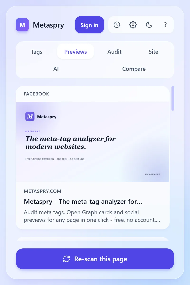 Metaspry extension Previews tab showing the Facebook card for metaspry.com