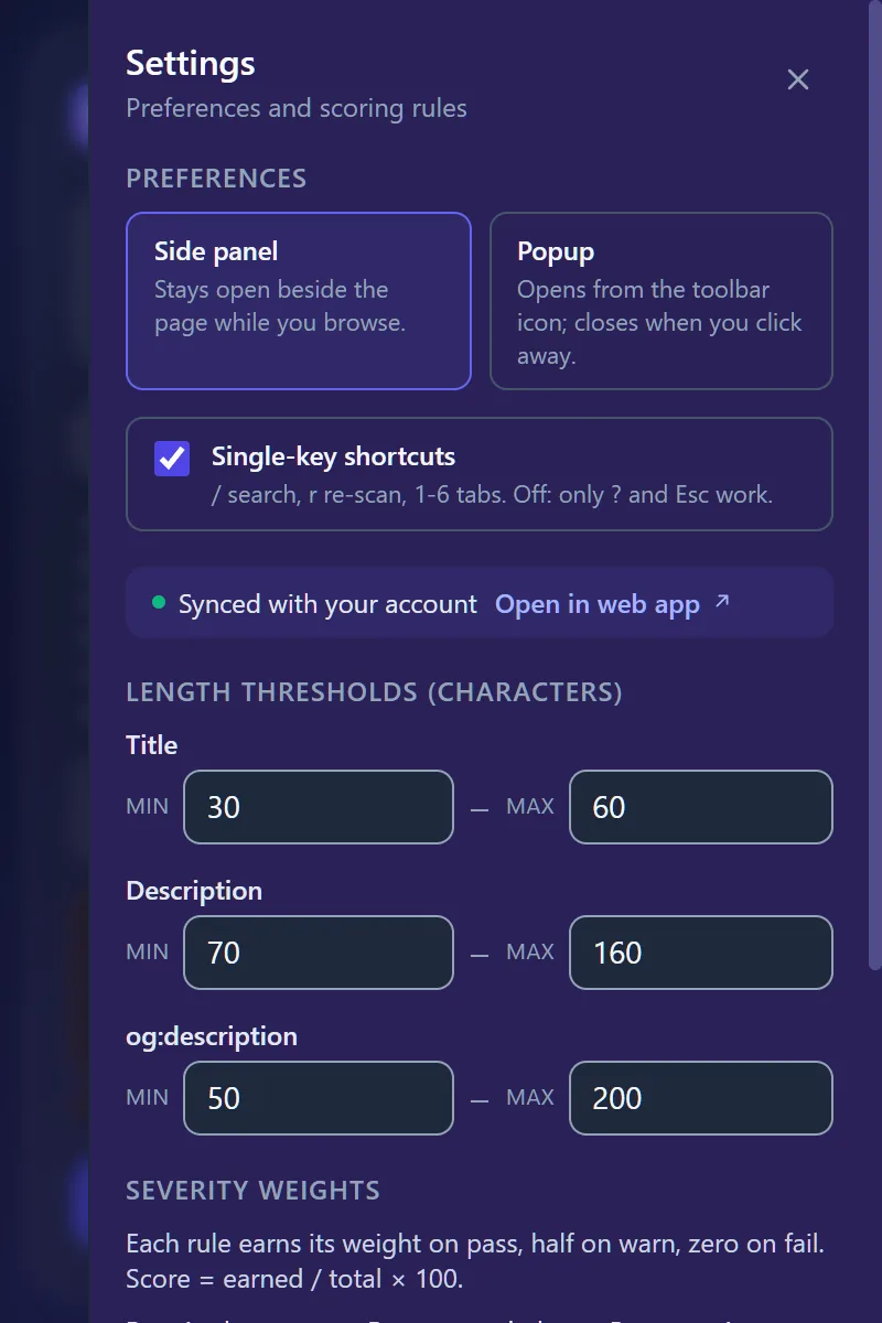 Metaspry extension Settings drawer with Preferences and Pro length thresholds