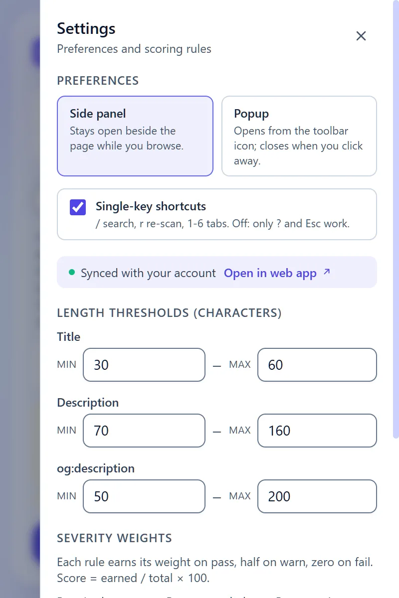 Metaspry extension Settings drawer with Preferences and Pro length thresholds